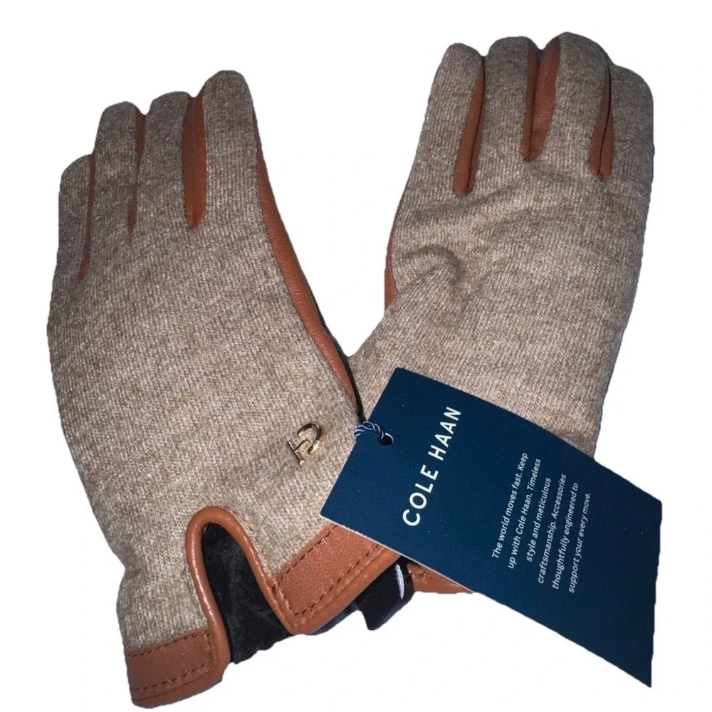 Cole Haan Women Woven Backed Gloves Sz S Teak Colorblock‎ Brown Tan Wool Leather